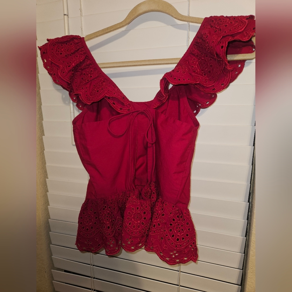 Express Red Eyelet Ruffle Blouse - Picture 2 of 4